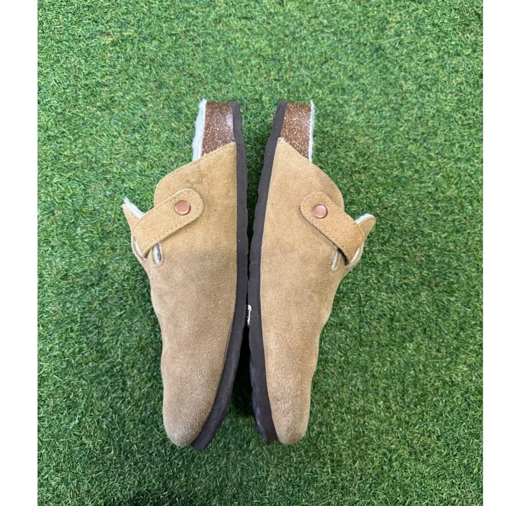 KIDMI Mens Suede Clogs‎ Faux Shearling Lined Buckle Mules Tan Size 8